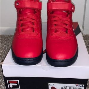 Red, white, navy blue high top FILA